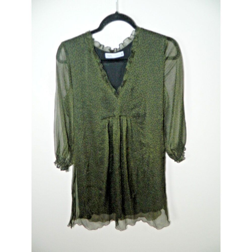 Zara‎ Dress Size Small  Green Animal Print Ruffle Detail Sheer Long Sleeve Mini